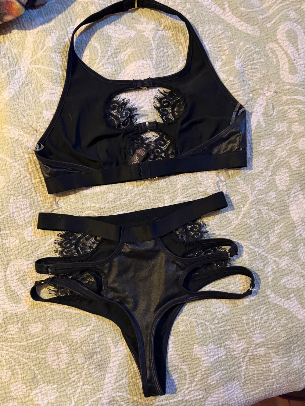 Dreamgirl Black Lace Halter Bralette with Strappy High-Cut Panty - Picture 4 of 5